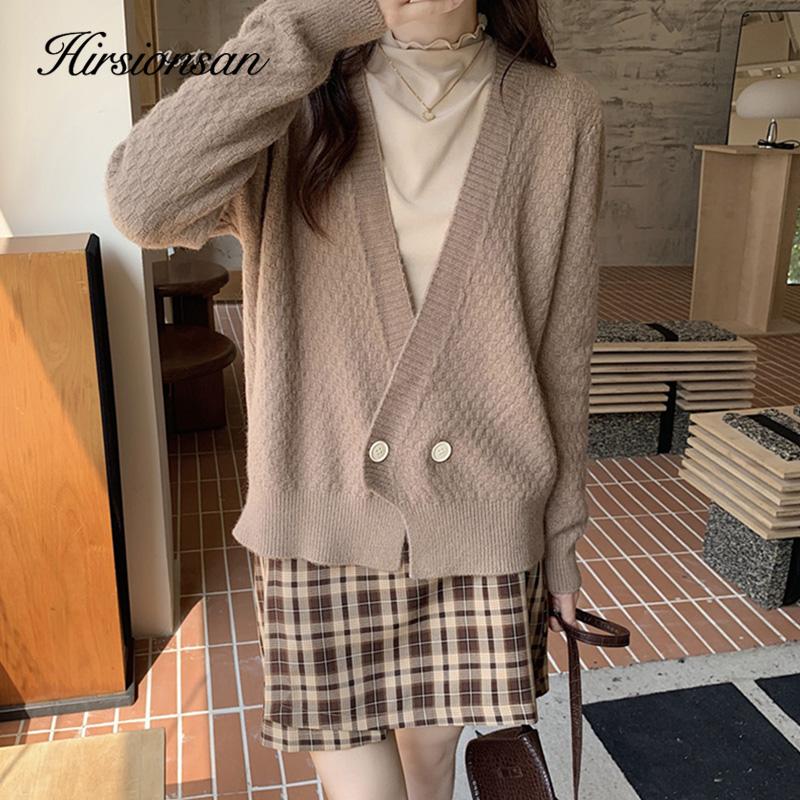 

Hirsionsan простой элегантный кардиган с длинными рукавами женский осенне-зимний повседневный однотонный вязаный свитер женский свободный однобортный топ