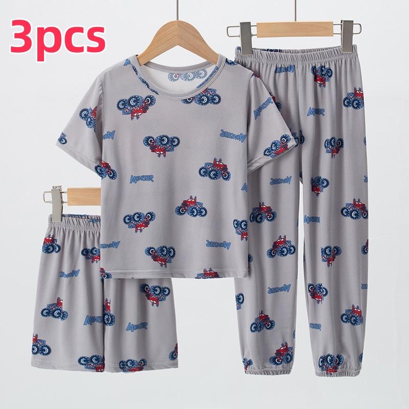 3pcs Summer Children's Printing Short-sleeved Shorts 9 Pants Suit Boys and Girls Comfortable Pajamas Can Be Worn Outside