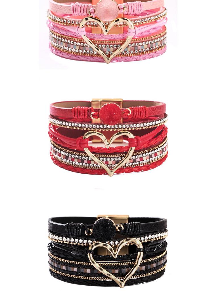 Bohemian Heart Rhinestone Magnetic Clasp Faux Leather Bracelet for Women
