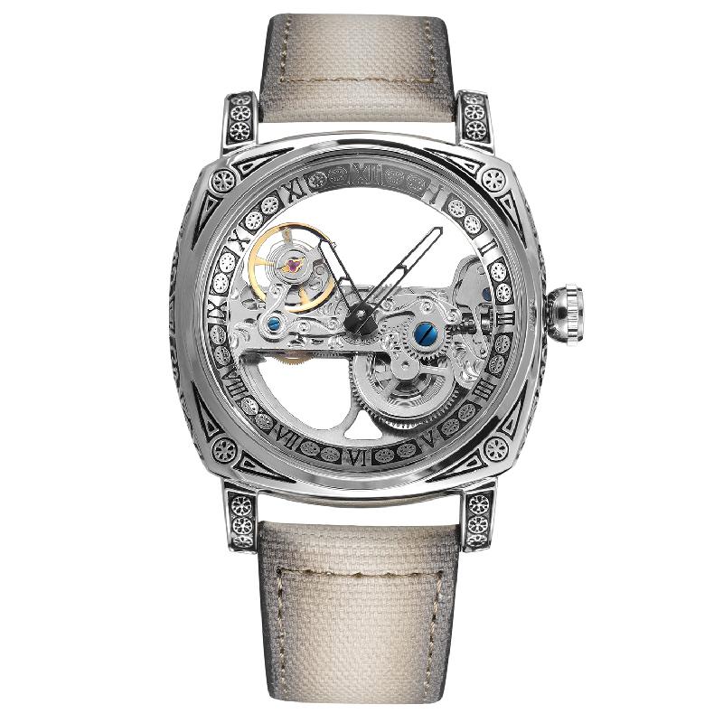 FORSINING Automatic Men Watch Mechanical Bridge Skeleton Transparent Luxury Vintage Cushion Case Suede Leather Male Dress Watch