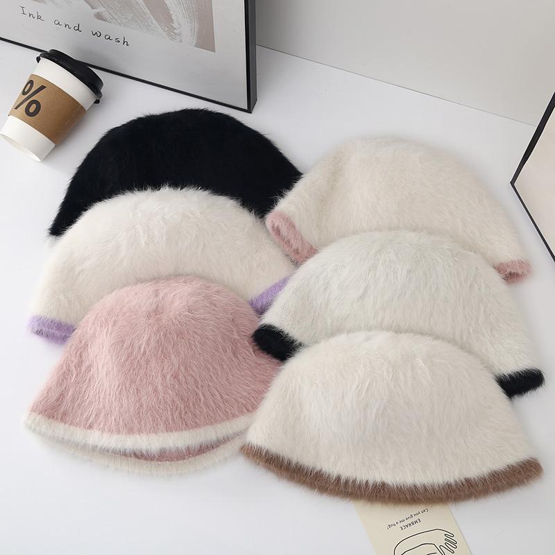 Hatt Dammode Höst och Vinter Ny Bucket Hat Koreansk Stil Färgmatchande Åldersreducerande Kaninhår Fiskarhatt Mångsidig Varm Plyschhatt