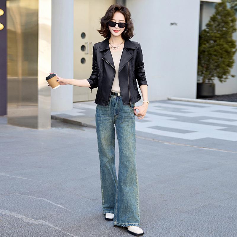 Women's Trendy Loose-Fit Sheepskin Leather Jacket - Hong Kong & Korean Style, Short & Casual, Small Size.