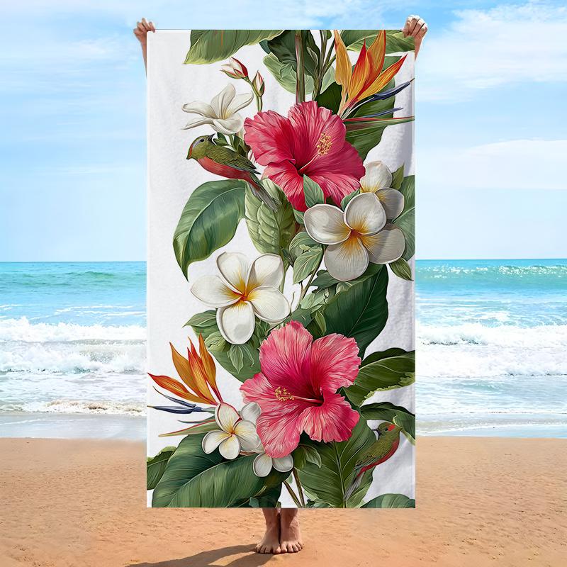 Textilien Custom Tropical Hibiscus Beach Towel Plumeria Flower Bird Print Microfiber Sand Free Quick Dry Soft Travel Pool