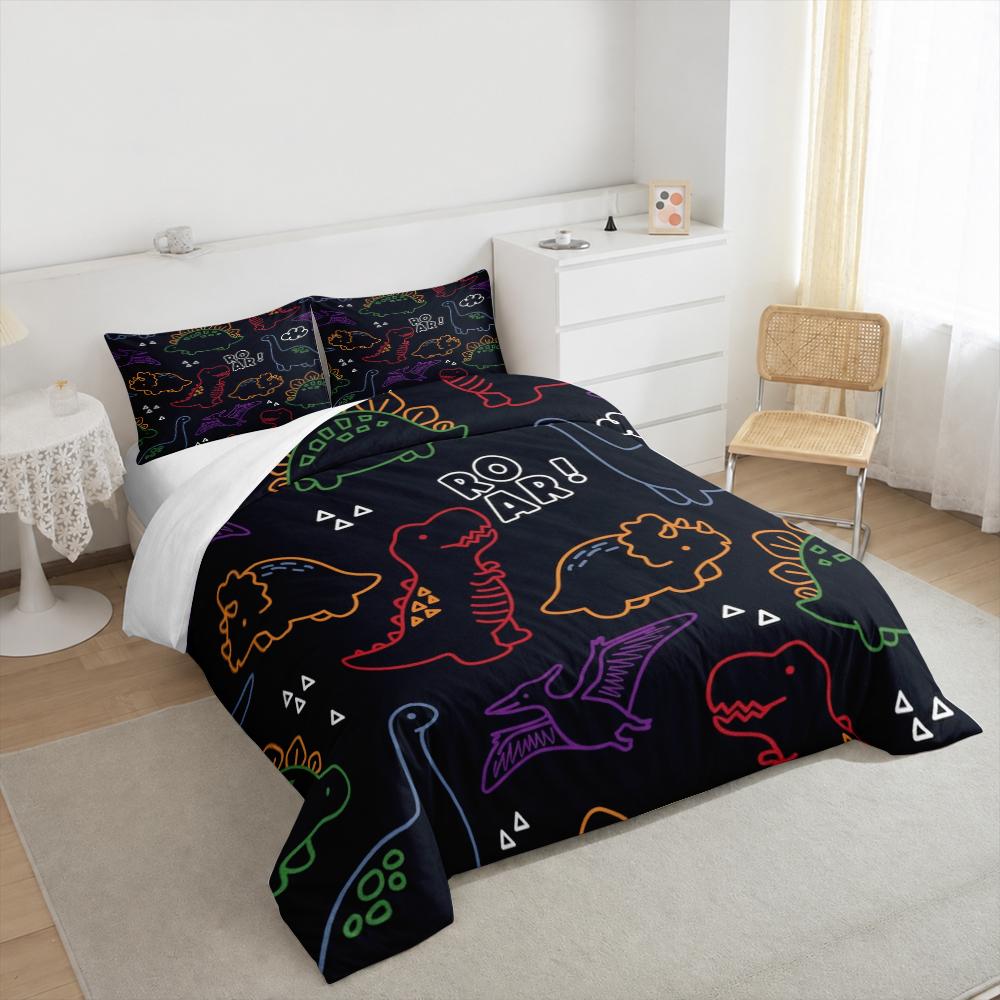 Cute Dinosaur Cartoon Line Art Bedding set (1 duvet cover, 2 pillowcases, duvet not included), Neon Dino Roar Colorful Print