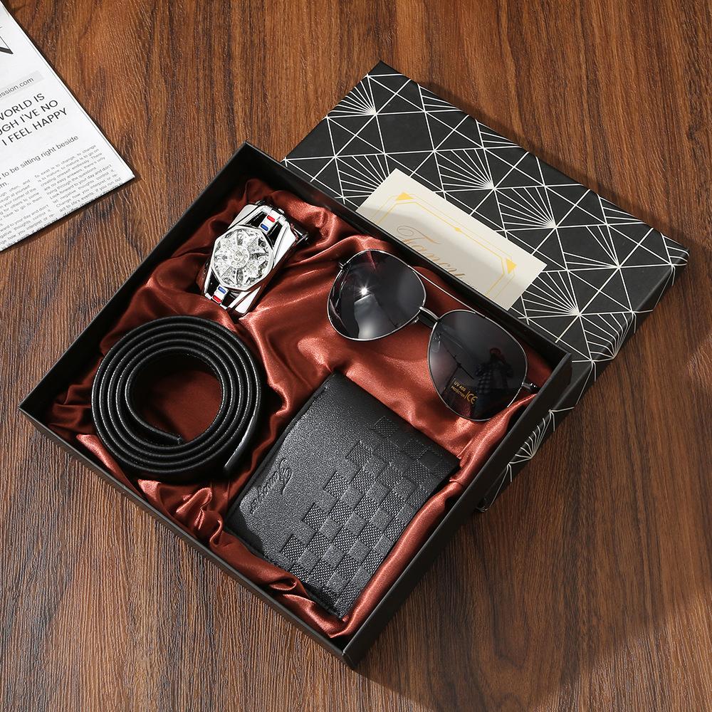 Set de Regalo para Hombre, Cartera + Reloj + Caja para Cinturón, Regalo de San Valentín Día del Padre para Novio Amigo