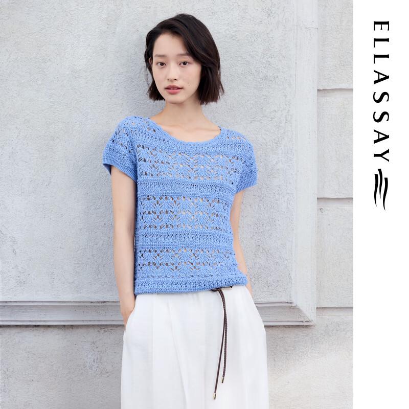 

ELLASSAY Women s Cotton Linen Blend Hollow Crochet Short Sleeve Knit Top L