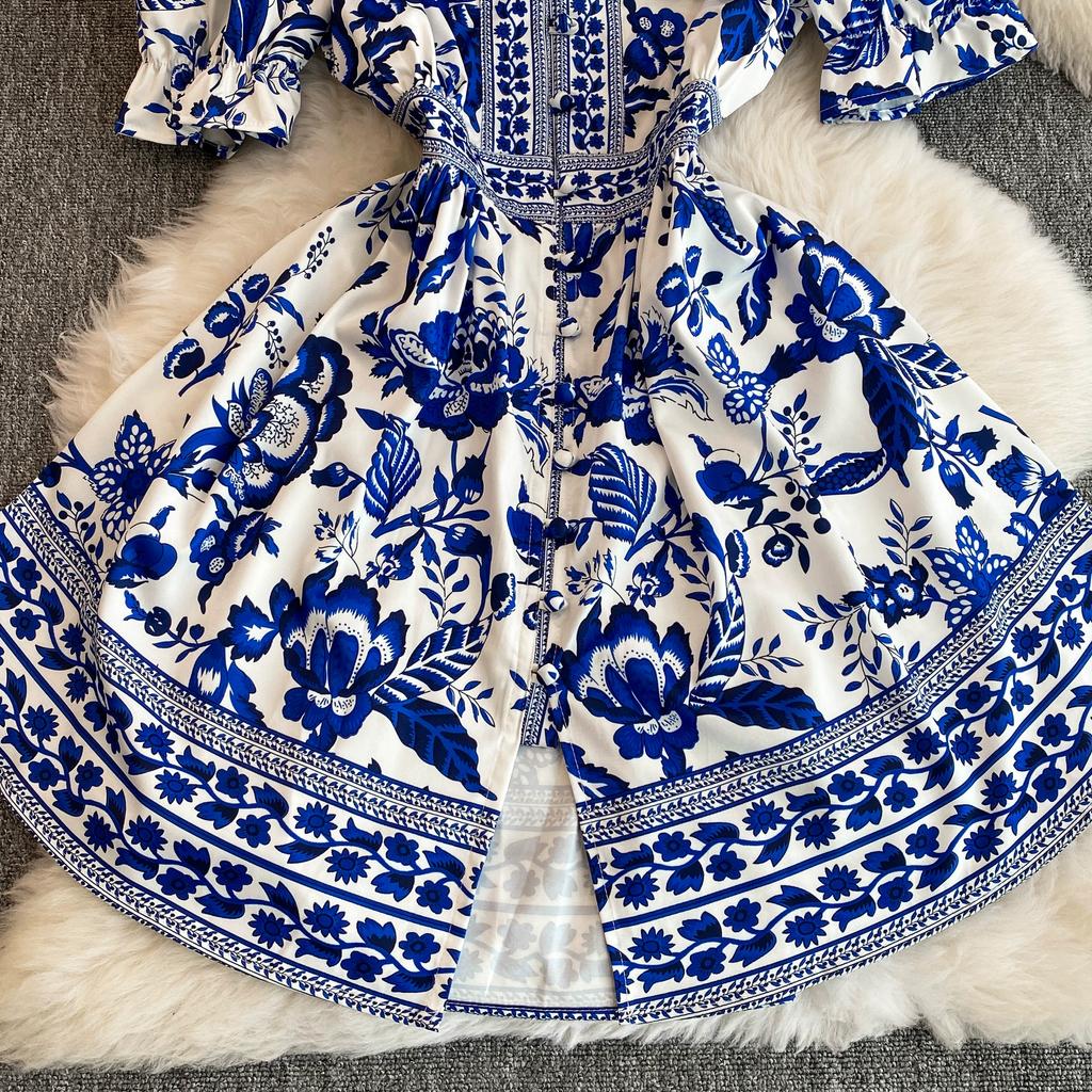 Summer Women Designer Vintage Print Runway Dress Elegant V-neck Single Breasted Party Dresses