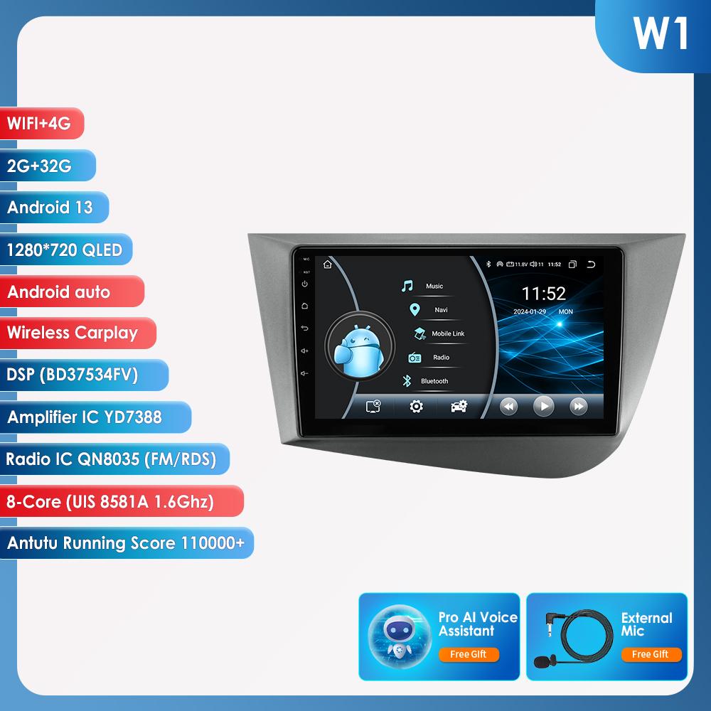 OSSURET Carplay 4G 9'' 2din Radio Auto Android pentru Seat Leon 2 MK2 2005-2012 Carplay 4G Player Video Multimedia Ecran Inteligent Autoradio Audio RDS