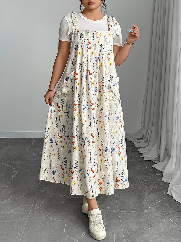 Fashion Women's Casual V-Neck Printed Midi Skirt Elastic Waist Dress