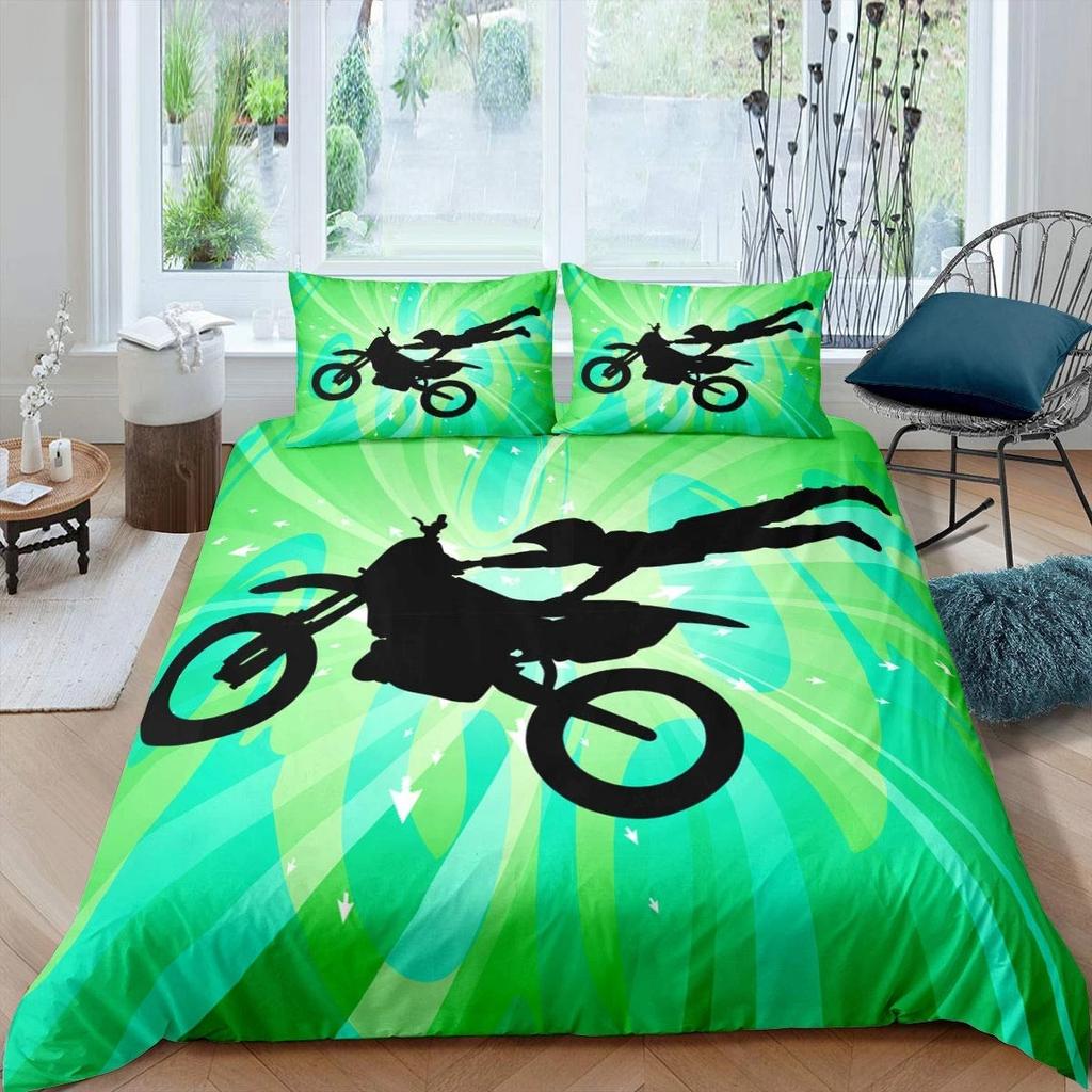 Dirt Bike King Queen Duvet Cover Motocross Sports Bedding Set Motorcycle Quilt Cover Youth Cool Black White Soft Comforter Cover