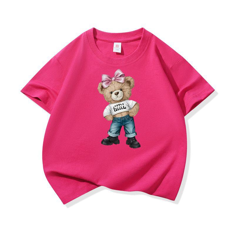 Girl Bear With Pink Bow Graphic Tee Kids Pure Cotton Crew Neck T Shirt Short Sleeve Muticolor Tops For Boys Girls Children