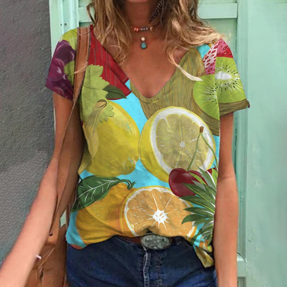 Tropical Plant Fruit 3D Printing T-shirt Summer Women's V-neck T-shirt Street Women's Clothing
