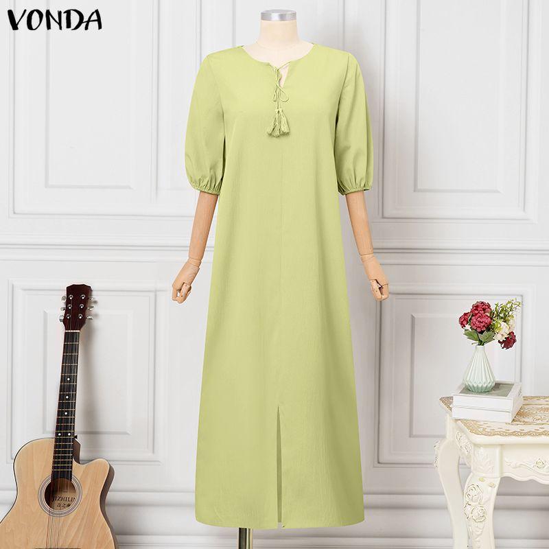 VONDA Women O Neck Half Sleeve Solid Color Casual Loose Baggy Maxi Dress Robes
