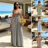 Women's Halter Striped Maxi Dress Sleeveless Deep V Neck A Line Sundress Summer A-Line Beach Vacation Dress