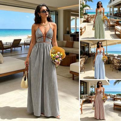 Damen Halter Streifen Maxikleid Ärmellos Tiefer V-Ausschnitt A-Linie Sommerkleid A-Linie Strandurlaubskleid