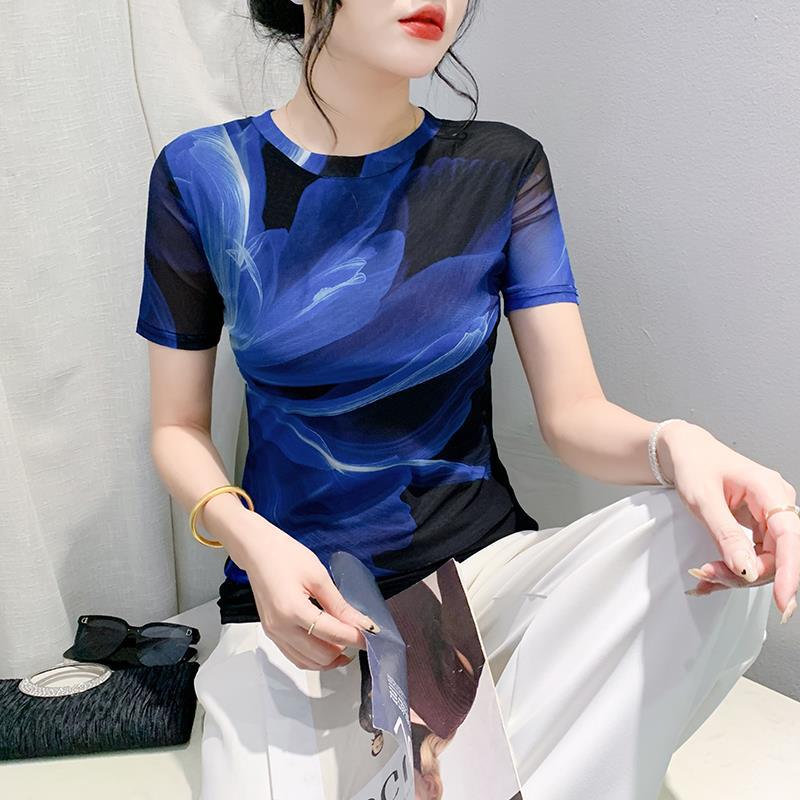 

2024 Европейский Летний Топ-сетка с Цветочным Принтом Облегающего Кроя Small