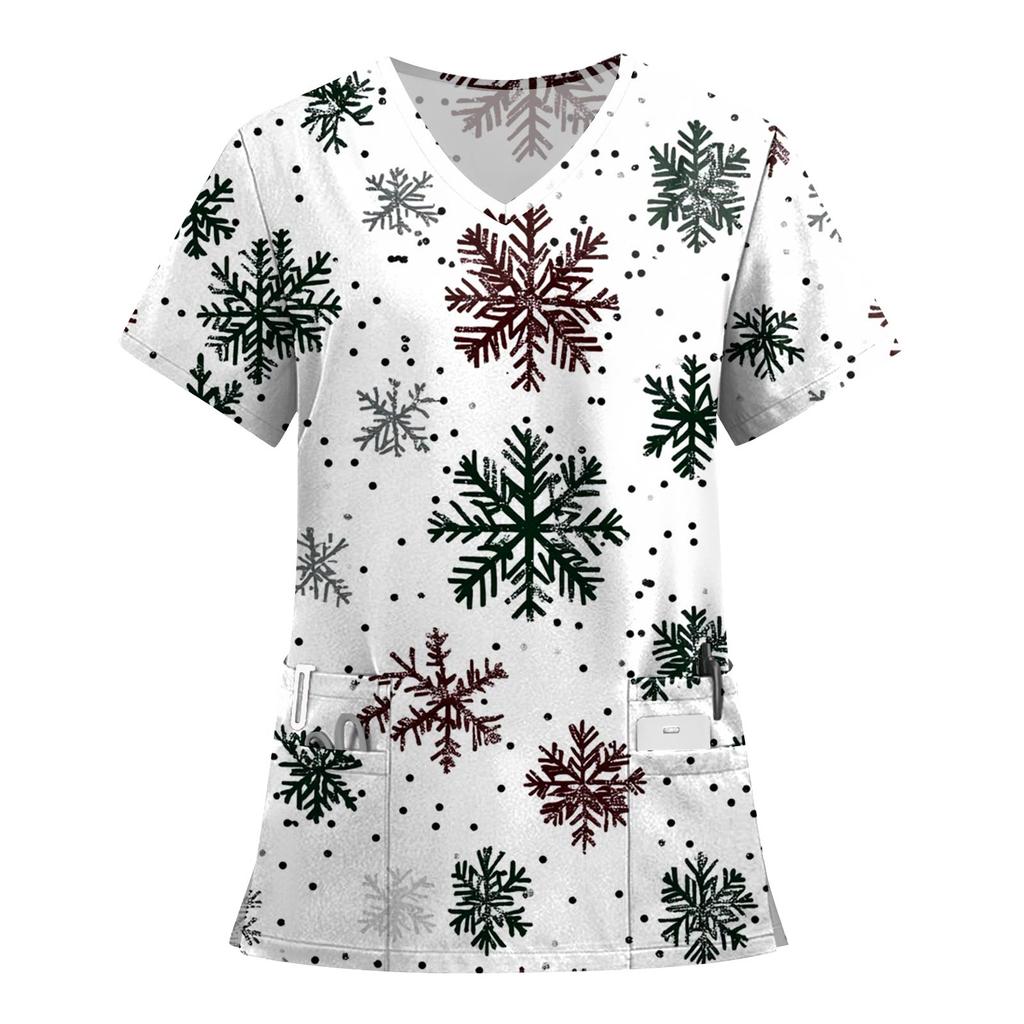 Women's Fashion Printed Short Sleeve V Neck Pattern Tops Pocket Working T-shirts