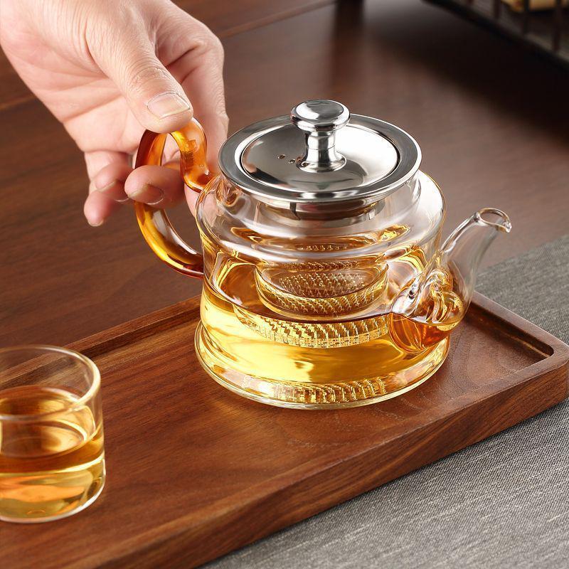 Heat-Resistant Glass Teapot Set with Stainless Steel Infuser and Colored Handle Teacups