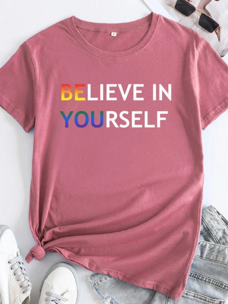 Believe In Youself Colorful Letter Print Women T Shirt Short Sleeve O Neck Loose Tshirt Ladies Tee Shirt Tops Camisetas Mujer