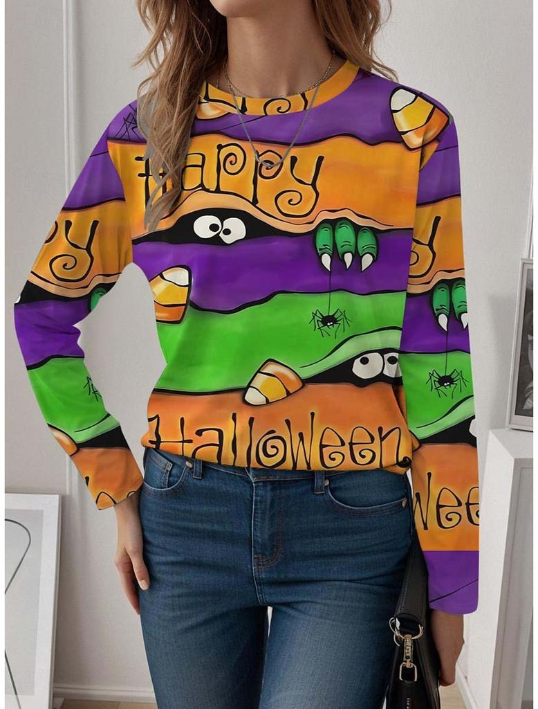 Fashion Women's T shirt Tee Ombre Print Halloween Casual Holiday Fashion Long Sleeve T-shirt O-Neck Yellow Sweatshirt Pullover
