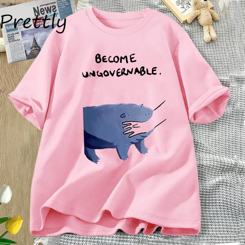 Werde Unregierbarer Nilpferd T-Shirt Moo Deng Design Lustiges Tier Grafik-T-Shirt Rebellischer Meme Humor T-Shirt Baumwolle Kurzarm Oberteil