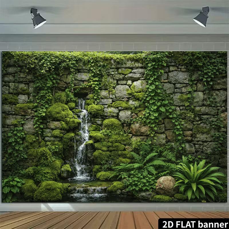 2D Lush Jungle Waterfall Moss Wall Backdrop for Nature Lover and Green Aesthetic