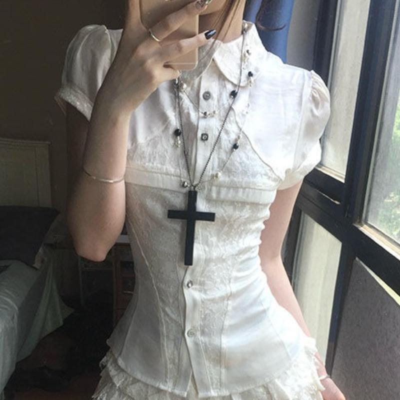 VAYLA Y2k Vintage Satin Lace Slim 2 Piece Set Women Chic Short Sleeve Shirt + Puffy Low Rise Bud Culottes Aesthetic Grunge Sexy Outfit