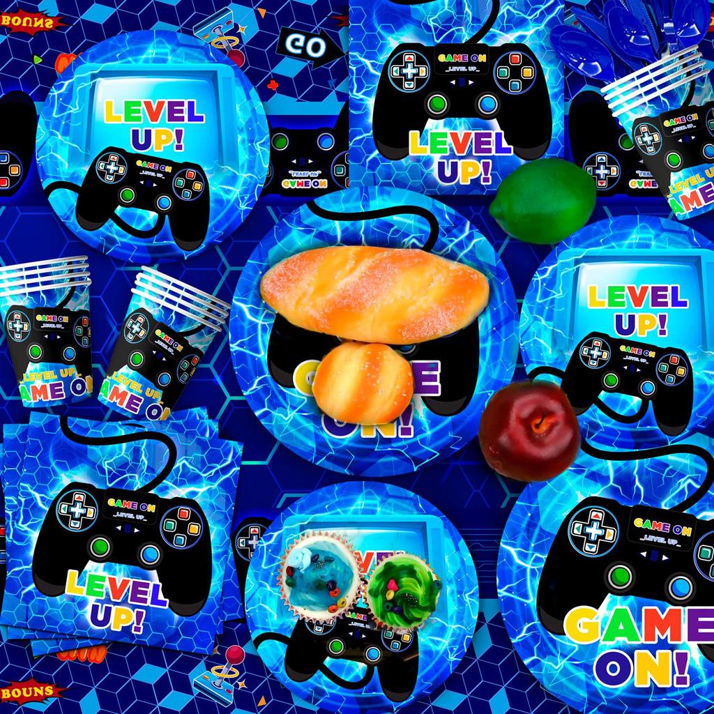 113pcs Gamer Birthday Decorations, Gaming Party Tableware Set - Game Themed Party Plate Cups Napkins Tablecloth etc