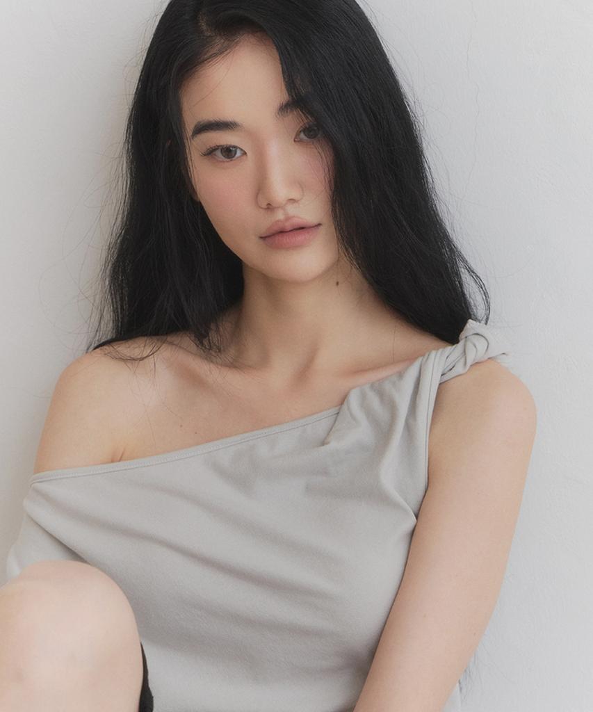 Seuteulaipeumagalin Drape Shirring One-Shoulder Slim Short Sleeve Light Gray