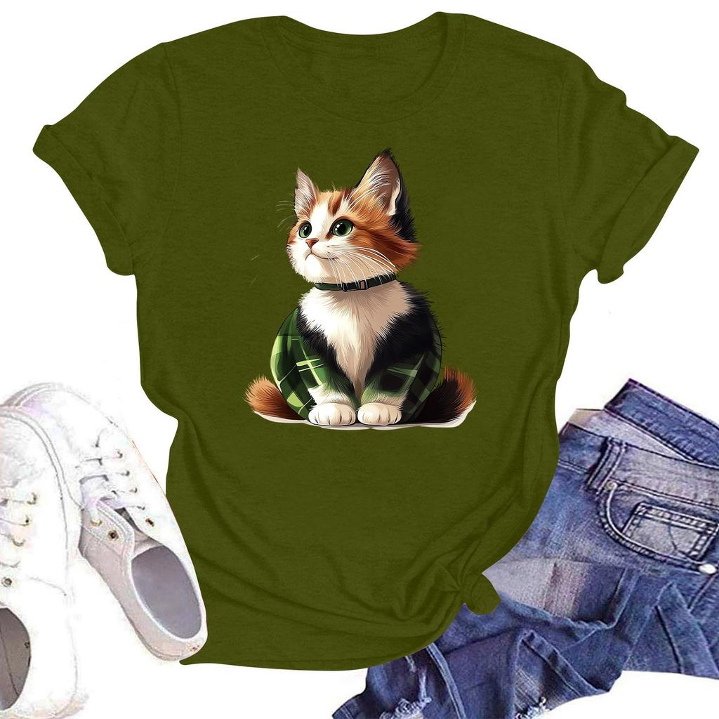 Tricou de damă la modă, cu imprimeu, cu gât rotund și mâneci scurte, pulover