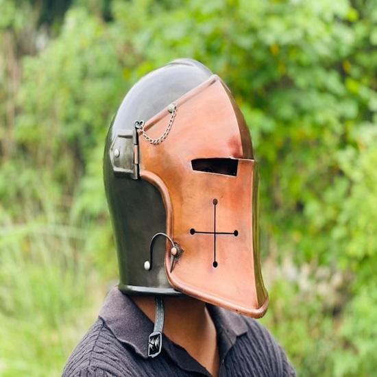 

Barbuta Helmet Copper Barbute Helmet with Faceplate Battle-Ready Knight Armor for SCA, LARP Medieval Warfare Best Gift