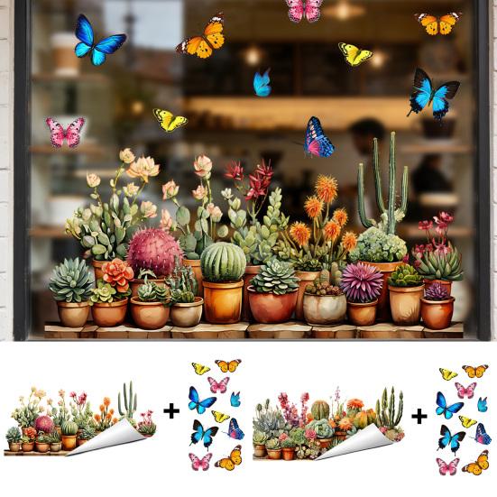 Potted Plant Window Clings Botanical Butterfly Cactus Decals Green Plants Static PVC Glass Stickers for Home Office Shop Decor