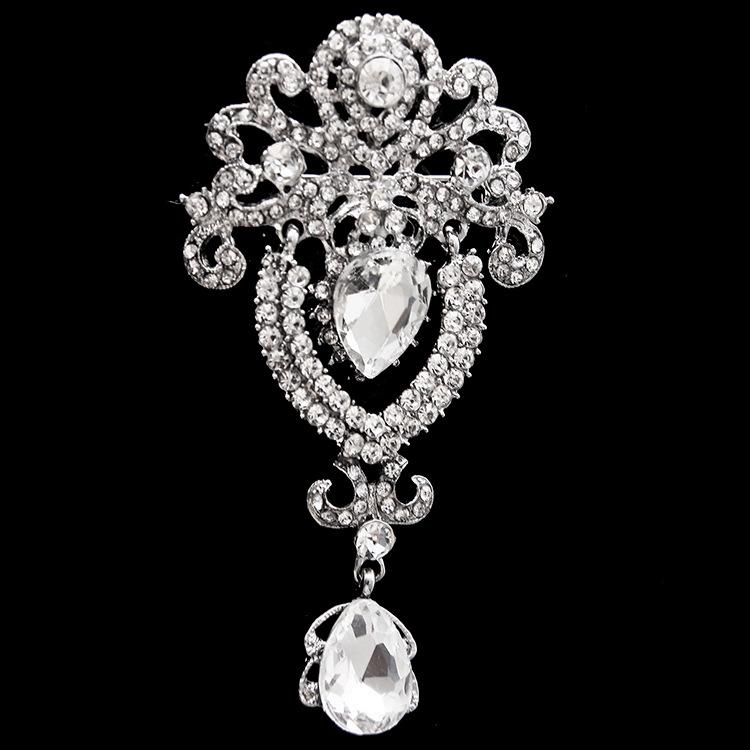 DIEZI Luxury Gold Silver Color Crystal Flower Bridal Brooches for Wedding Women Party Rhinestone Bouquet Water Drop Brooch Pins
