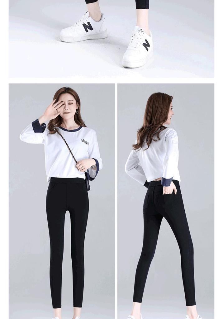 Women's Black High-Waisted Slim-Leg Pants - Velvet Lined, Elastic Waist, Tight-Fit, Petite, Ideal for Autumn/Winter.