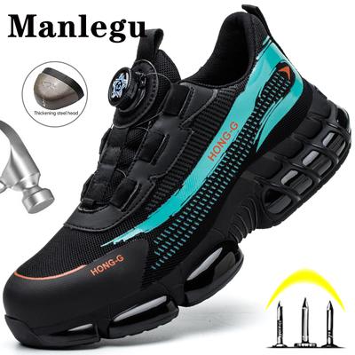 Men Rotating Button Work Sneakers Steel Toe Shoes Air Cushion Safety Boots Anti-Smash Work Shoes Indestructible Protective Safety Shoes Sneakers Men