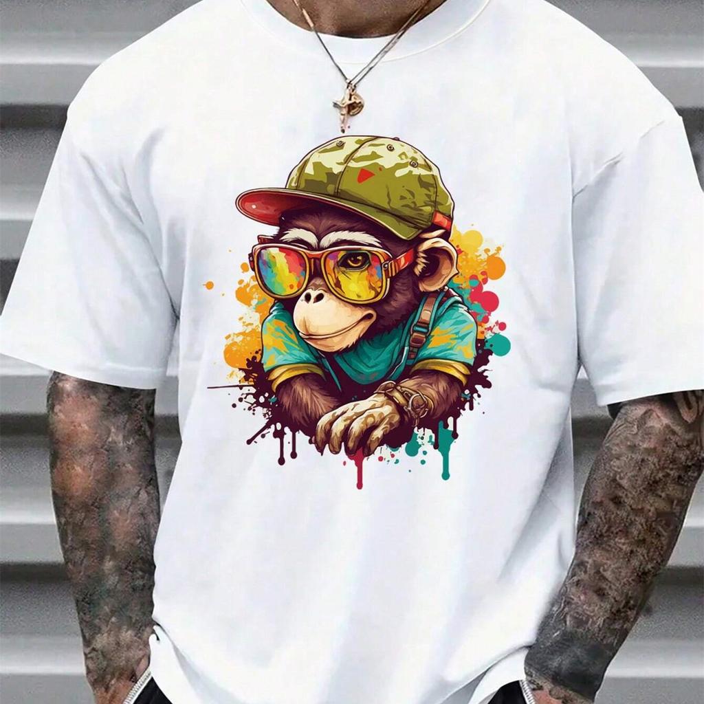 Men's Summer Cartoon Gorilla Printed Round Neck Casual Short Sleeve T-Shirt