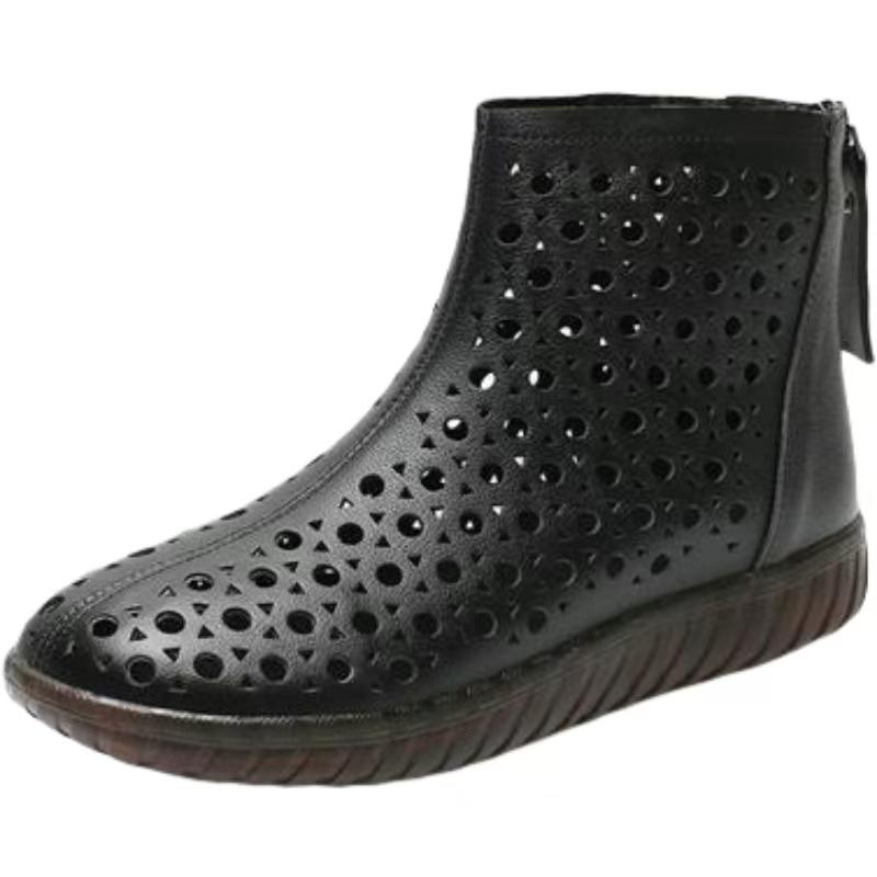 Botines de Cuero Genuino para Mujer Calados de Talla Grande Primavera Verano Nuevos Suela Blanda Antideslizante Caña Alta Cremallera Suela Plana Bota Fresca