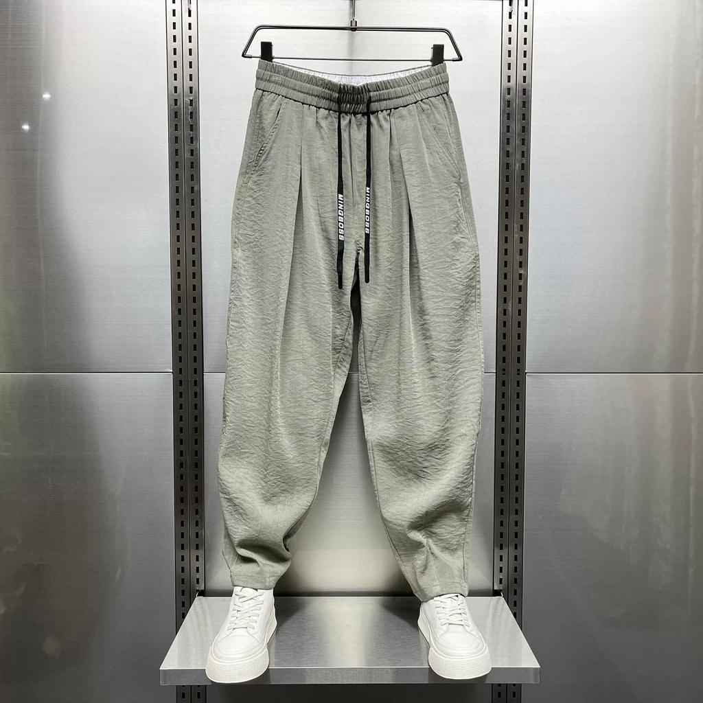Men's Spring Autumn Fashion Cotton Hemp Solid Men's Clothing Loose Loose Korean Elastic Waist Chaopai Versatile Y2K Carrot Pants