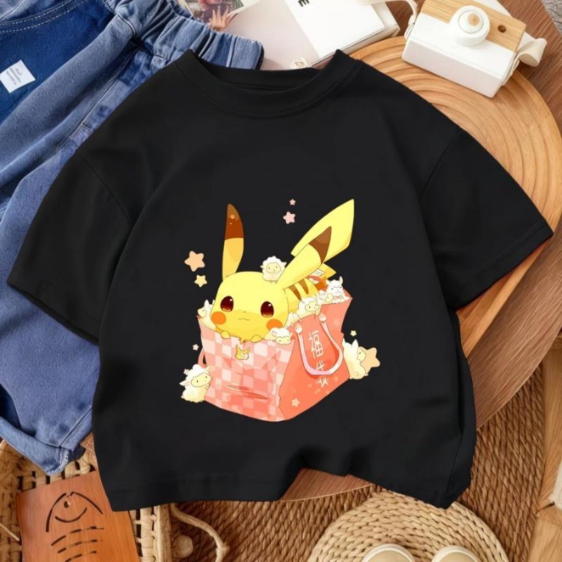 Boys' and Girls' Summer Casual Street Style Fashion Popular Cartoon Children's Crew Neck T-shirt Pikachu