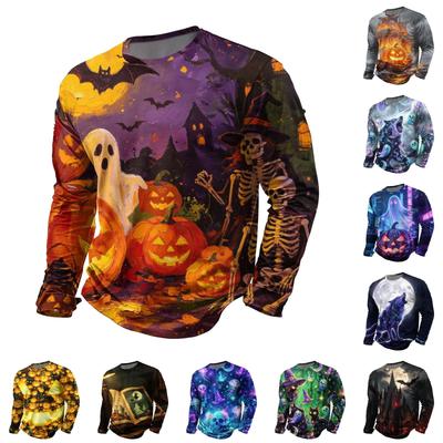 Men's Halloween Print Long Sleeve Neck T-Shirt Loose Fit Casual Top
