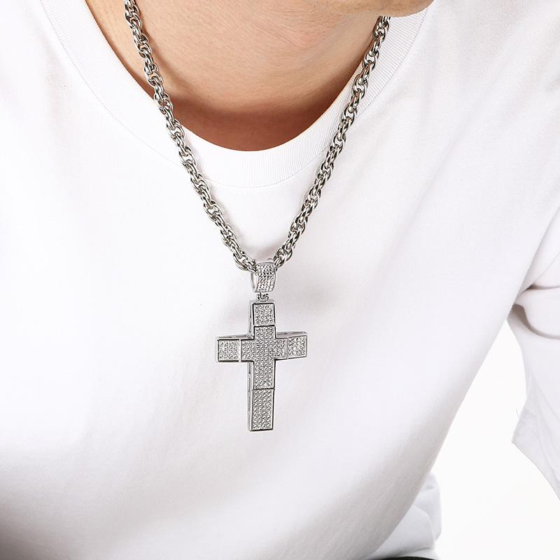 Hip Hop Full Rhinestone Stainless Steel Cross Pendant Necklace for Men Larger Gold Color Cross Party Jewelry Gift CNC Stone