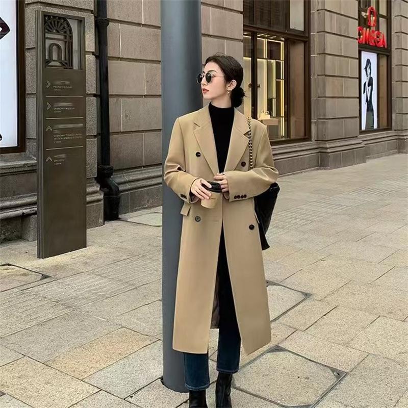 Women Long Double Breasted Blazer Trench Coat Elegant Lapel Oversized Maxi Suit Jacket Spring Autumn Casual Outerwear