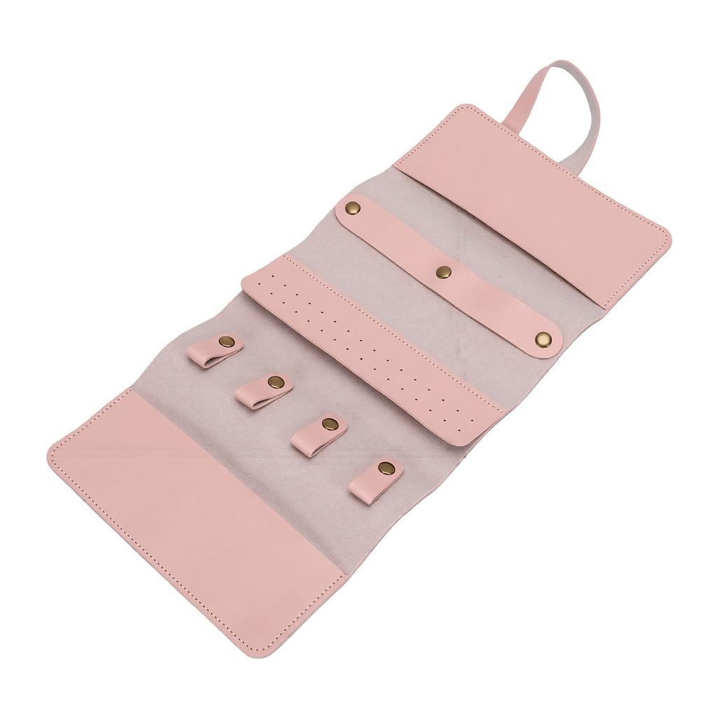 Travel Jewelry Bag Roll PU Leather Roll Up Jewelry Pouch with Multiple Pockets Pink