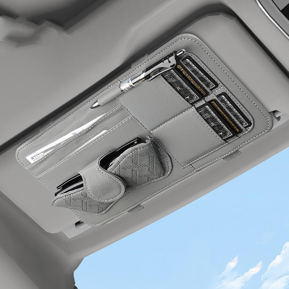 Car Sun Visor Glasses Holder, Pu Leather Multi Pocket Storage Pouch With Card Slots, Eyeglass Clip Organizer For Interior
