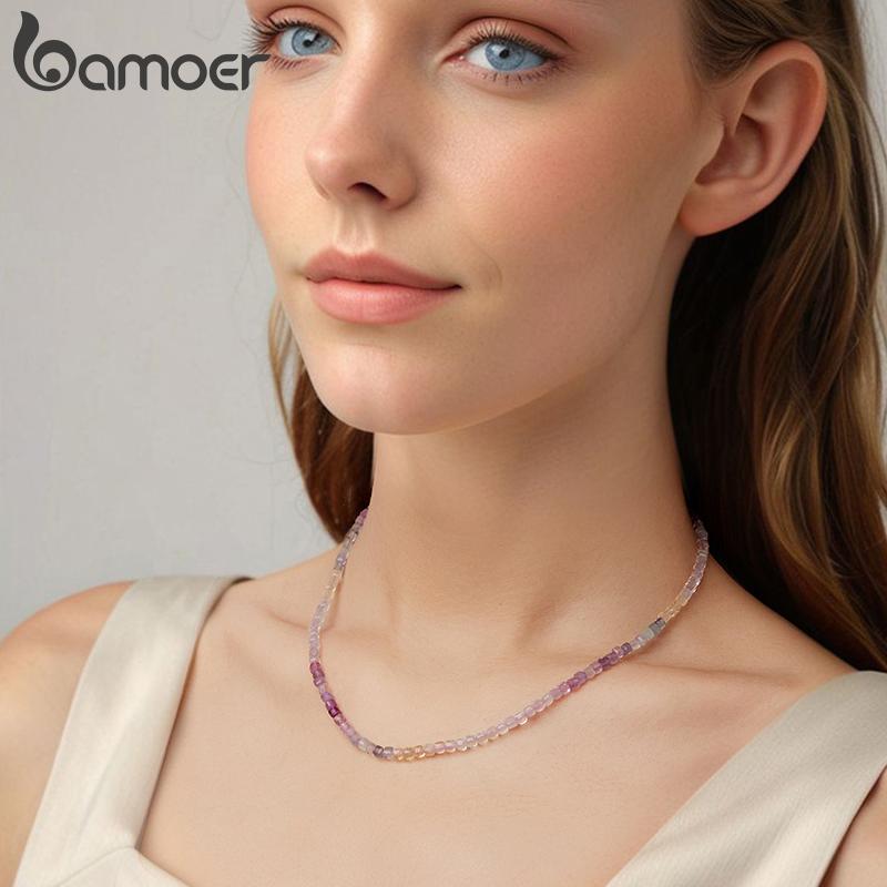 BAMOER Purple Crystal Necklace Colorful Transparent Basic Beads Chain for Women Teens Stacking Jewelry 925 Silver