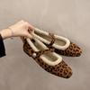 Fashion Women's Casual Square Toe Comfortable Leopard Print Plus Velvet Warm Flat Shoes for Women Elegant Suede Low-top Shoes