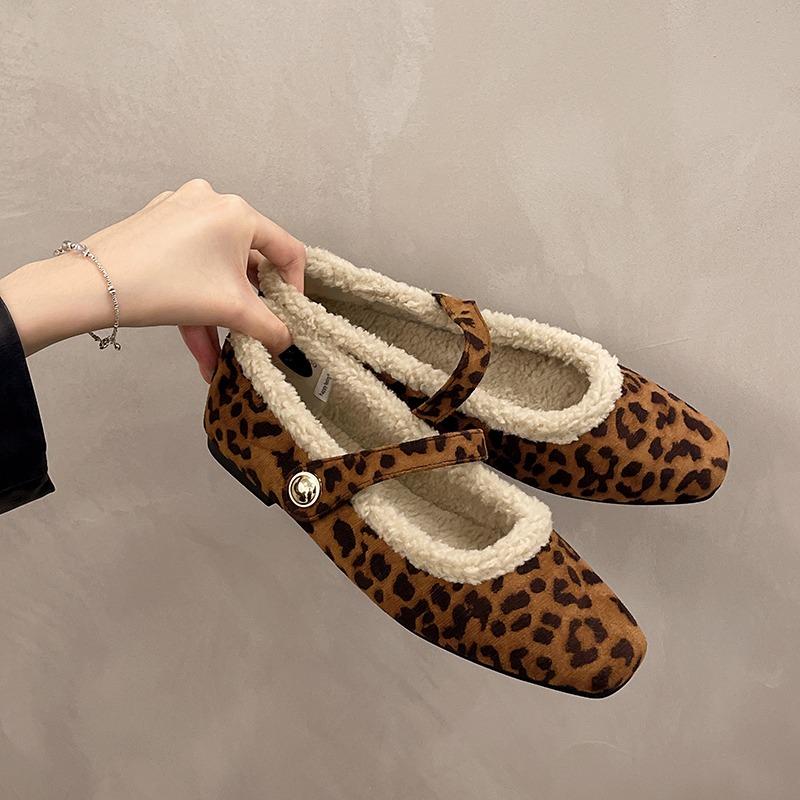 Fashion Women's Casual Square Toe Comfortable Leopard Print Plus Velvet Warm Flat Shoes for Women Elegant Suede Low-top Shoes
