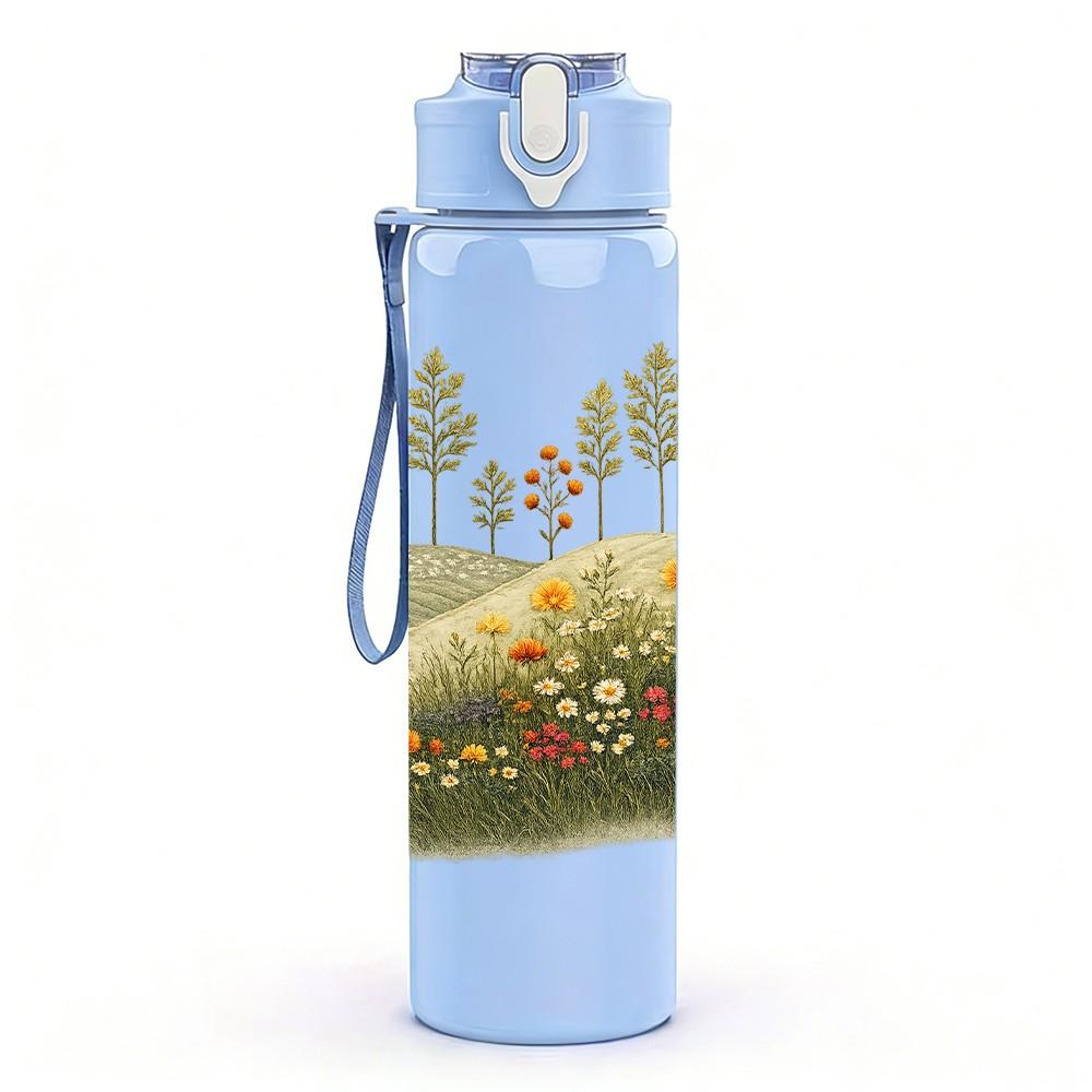1PC Small Trees On Green Meadow Hill Print 750ml Color Plastic Sports Water Bottle Leakproof Flip Straw Lid Suitable for Sports Office Home Use