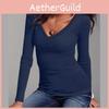 Elegant Autumn And Winter Long-sleeved Solid Color T-shirt V-neck Slim Bottoming Shirt