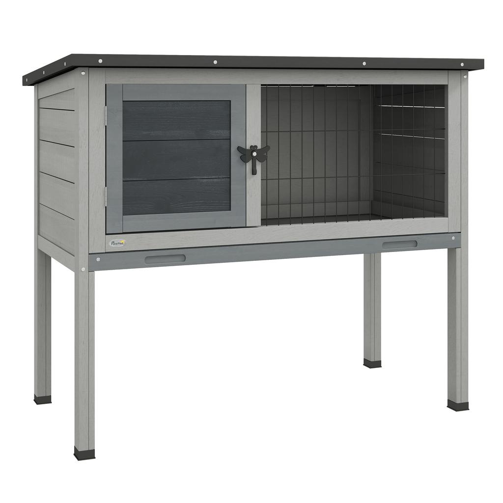 Raised Outdoor Wooden Rabbit Hutch with Opening Roof and Removable Tray, 84x43x70cm, Grey